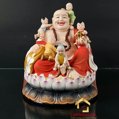 Tượng Phật Di Lặc Ngũ Phúc Ngồi Đài Sen Bằng Sứ Sơn Đỏ Cao 40cm