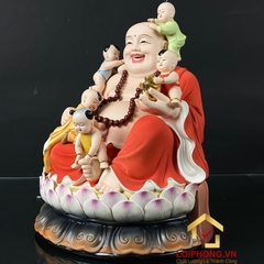 Tượng Phật Di Lặc Ngũ Phúc Ngồi Đài Sen Bằng Sứ Sơn Đỏ Cao 40cm