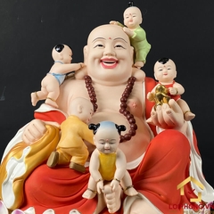 Tượng Phật Di Lặc Ngũ Phúc Ngồi Đài Sen Bằng Sứ Sơn Đỏ Cao 40cm