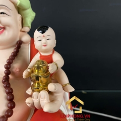 Tượng Phật Di Lặc Ngũ Phúc Ngồi Đài Sen Bằng Sứ Sơn Đỏ Cao 40cm