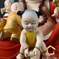 Tượng Phật Di Lặc Ngũ Phúc Ngồi Đài Sen Bằng Sứ Sơn Đỏ Cao 40cm