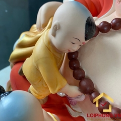 Tượng Phật Di Lặc Ngũ Phúc Ngồi Đài Sen Bằng Sứ Sơn Đỏ Cao 40cm