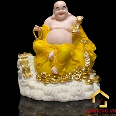 Tượng Phật Di Lặc Ngồi Đế Đồng Tiền Bằng Bột Đá Hổ Phách Vàng Cao 40cm, 48cm