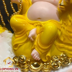 Tượng Phật Di Lặc Ngồi Đế Đồng Tiền Bằng Bột Đá Hổ Phách Vàng Cao 40cm, 48cm