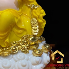 Tượng Phật Di Lặc Ngồi Đế Đồng Tiền Bằng Bột Đá Hổ Phách Vàng Cao 40cm, 48cm