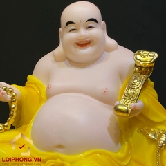 Tượng Phật Di Lặc Ngồi Đế Đồng Tiền Bằng Bột Đá Hổ Phách Vàng Cao 40cm, 48cm