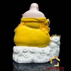 Tượng Phật Di Lặc Ngồi Đế Đồng Tiền Bằng Bột Đá Hổ Phách Vàng Cao 40cm, 48cm