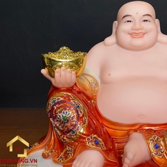 Tượng Phật Di Lặc Ngồi Đài Sen Bằng Bột Đá Sơn Đỏ Viền Vàng Cao 30 - 48cm