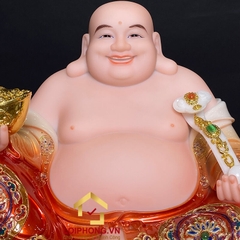 Tượng Phật Di Lặc Ngồi Đài Sen Bằng Bột Đá Sơn Đỏ Viền Vàng Cao 30 - 48cm