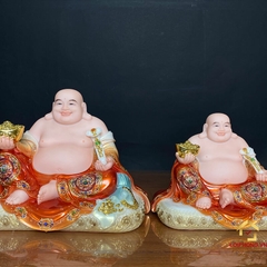 Tượng Phật Di Lặc Ngồi Đài Sen Bằng Bột Đá Sơn Đỏ Viền Vàng Cao 30 - 48cm