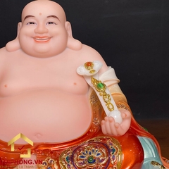 Tượng Phật Di Lặc Ngồi Đài Sen Bằng Bột Đá Sơn Đỏ Viền Vàng Cao 30 - 48cm