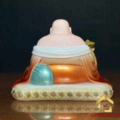 Tượng Phật Di Lặc Ngồi Đài Sen Bằng Bột Đá Sơn Đỏ Viền Vàng Cao 30 - 48cm