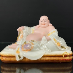 Tượng Phật Di Lặc Ngồi Nằm Bằng Bột Đá Trắng Viền Vàng Cao 30 - 48cm