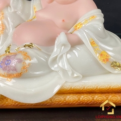 Tượng Phật Di Lặc Ngồi Nằm Bằng Bột Đá Trắng Viền Vàng Cao 30 - 48cm