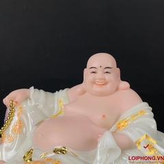 Tượng Phật Di Lặc Ngồi Nằm Bằng Bột Đá Trắng Viền Vàng Cao 30 - 48cm