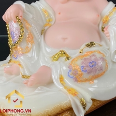 Tượng Phật Di Lặc Ngồi Nằm Bằng Bột Đá Trắng Viền Vàng Cao 30 - 48cm