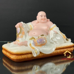 Tượng Phật Di Lặc Ngồi Nằm Bằng Bột Đá Trắng Viền Vàng Cao 30 - 48cm