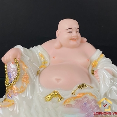 Tượng Phật Di Lặc Ngồi Nằm Bằng Bột Đá Trắng Viền Vàng Cao 30 - 48cm