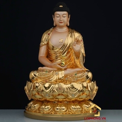 Tượng phật Dược Sư ngồi hoa sen bằng đồng dát vàng cao 48 cm