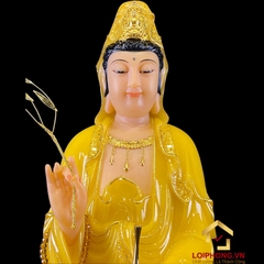 Tượng Phật Quan Âm Đứng Đài Sen Bằng Thạch Anh Viền Vàng cao 90cm