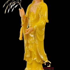 Tượng Phật Quan Âm Đứng Đài Sen Bằng Thạch Anh Viền Vàng cao 90cm