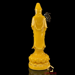 Tượng Phật Quan Âm Đứng Đài Sen Bằng Thạch Anh Viền Vàng cao 90cm