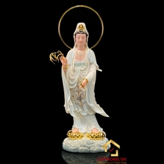 Tượng Phật Quan Âm Đứng Song Liên Đế Mây Bằng Bột Đá Sơn Có Hào Quang cao 48cm, 65cm, 90cm