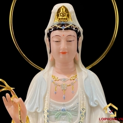 Tượng Phật Quan Âm Đứng Song Liên Đế Mây Bằng Bột Đá Sơn Có Hào Quang cao 48cm, 65cm, 90cm