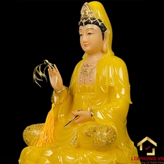 Tượng Phật Quan Âm Ngồi Đài Sen Bằng Bột Đá Thạch Anh Viền Vàng cao từ 30 - 48cm