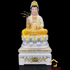 Tượng Phật Quan Âm Ngồi Đài Sen Bằng Bột Đá Trắng Sơn Vàng cao từ 30 - 90cm