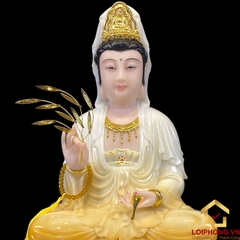 Tượng Phật Quan Âm Ngồi Đài Sen Bằng Bột Đá Trắng Sơn Vàng cao từ 30 - 90cm