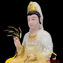 Tượng Phật Quan Âm Ngồi Đài Sen Bằng Bột Đá Trắng Sơn Vàng cao từ 30 - 90cm