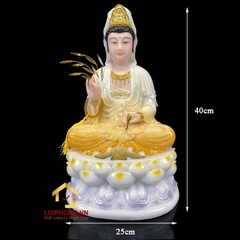 Tượng Phật Quan Âm Ngồi Đài Sen Bằng Bột Đá Trắng Sơn Vàng cao từ 30 - 90cm