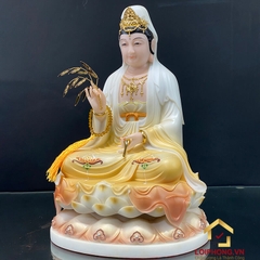 Tượng Phật Quan Âm Ngồi Đài Sen Bằng Bột Đá Sơn Vàng cao từ 30 - 65cm