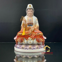 Tượng Phật Quan Âm Ngồi Đài Sen Bằng Bột Đá Sơn Đỏ Vẽ Gấm cao từ 40 - 65cm