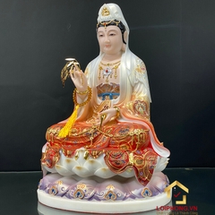 Tượng Phật Quan Âm Ngồi Đài Sen Bằng Bột Đá Sơn Đỏ Vẽ Gấm cao từ 40 - 65cm