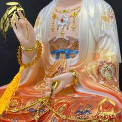 Tượng Phật Quan Âm Ngồi Đài Sen Bằng Bột Đá Sơn Đỏ Vẽ Gấm cao từ 40 - 65cm