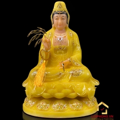Tượng Phật Quan Âm Ngồi Đài Sen Bằng Bột Đá Thạch Anh Viền Vàng Cao Cấp cao từ 30 - 65cm