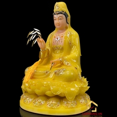 Tượng Phật Quan Âm Ngồi Đài Sen Bằng Bột Đá Thạch Anh Viền Vàng Cao Cấp cao từ 30 - 65cm