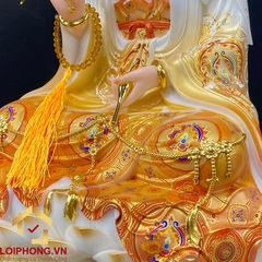 Tượng Phật Quan Âm Ngồi Đài Sen Bằng Bột Đá Vẽ Gấm Sơn Vàng Cao Cấp cao từ 40 - 65cm