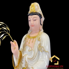 Tượng Phật Quan Âm Đứng Đài Sen Bằng Bột Đá Trắng Viền Vàng Cao từ 40 - 105cm