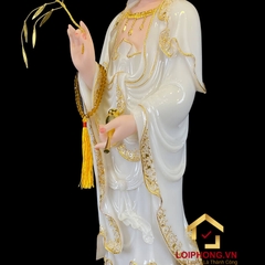 Tượng Phật Quan Âm Đứng Đài Sen Bằng Bột Đá Trắng Viền Vàng Cao từ 40 - 105cm