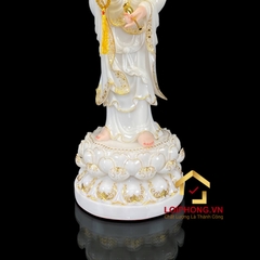 Tượng Phật Quan Âm Đứng Đài Sen Bằng Bột Đá Trắng Viền Vàng Cao từ 40 - 105cm