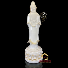 Tượng Phật Quan Âm Đứng Đài Sen Bằng Bột Đá Trắng Viền Vàng Cao từ 40 - 105cm