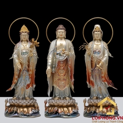 Tượng phật Tây Phương Tam Thánh bằng đồng men sơn bạc ấn bảo cao 48 – 65 – 90 – 106 cm