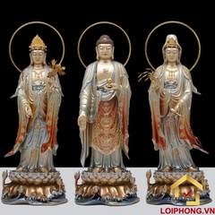 Tượng phật Tây Phương Tam Thánh bằng đồng men sơn bạc ấn bảo cao 48 – 65 – 90 – 106 cm