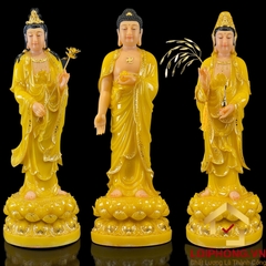 Tượng phật Tây Phương Tam Thánh đứng đài sen bằng bột đá thạch anh viền vàng
