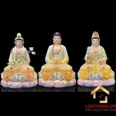 Tượng phật Tây Phương Tam Thánh trắng hồng ngồi đế non nước cao 30 – 40 – 48 cm