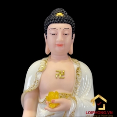 Tượng Phật Tây Phương Tam Thánh Đứng Đài Sen Bằng Bột Đá Trắng Viền Dát Vàng cao từ 40cm – 150cm