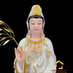 Tượng Phật Tây Phương Tam Thánh Đứng Đài Sen Bằng Bột Đá Trắng Viền Dát Vàng cao từ 40cm – 150cm
